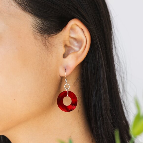 Recycled World War II Ruby Beer Bottle Glass Hoop Earrings - Picture 4 of 6
